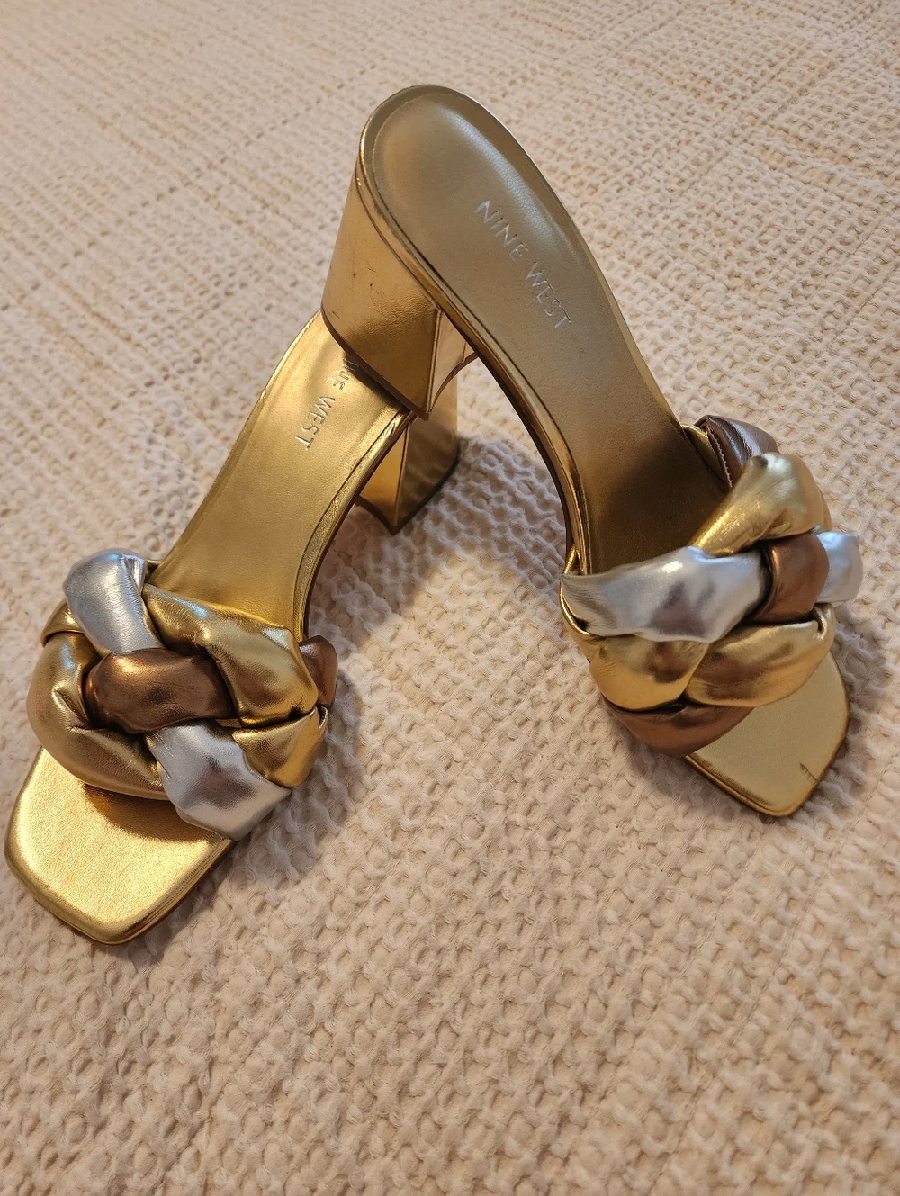 Nine West Sz 8.5 Metallic Gold, Silver & Bronze Braided Block Heel Sandal Slides